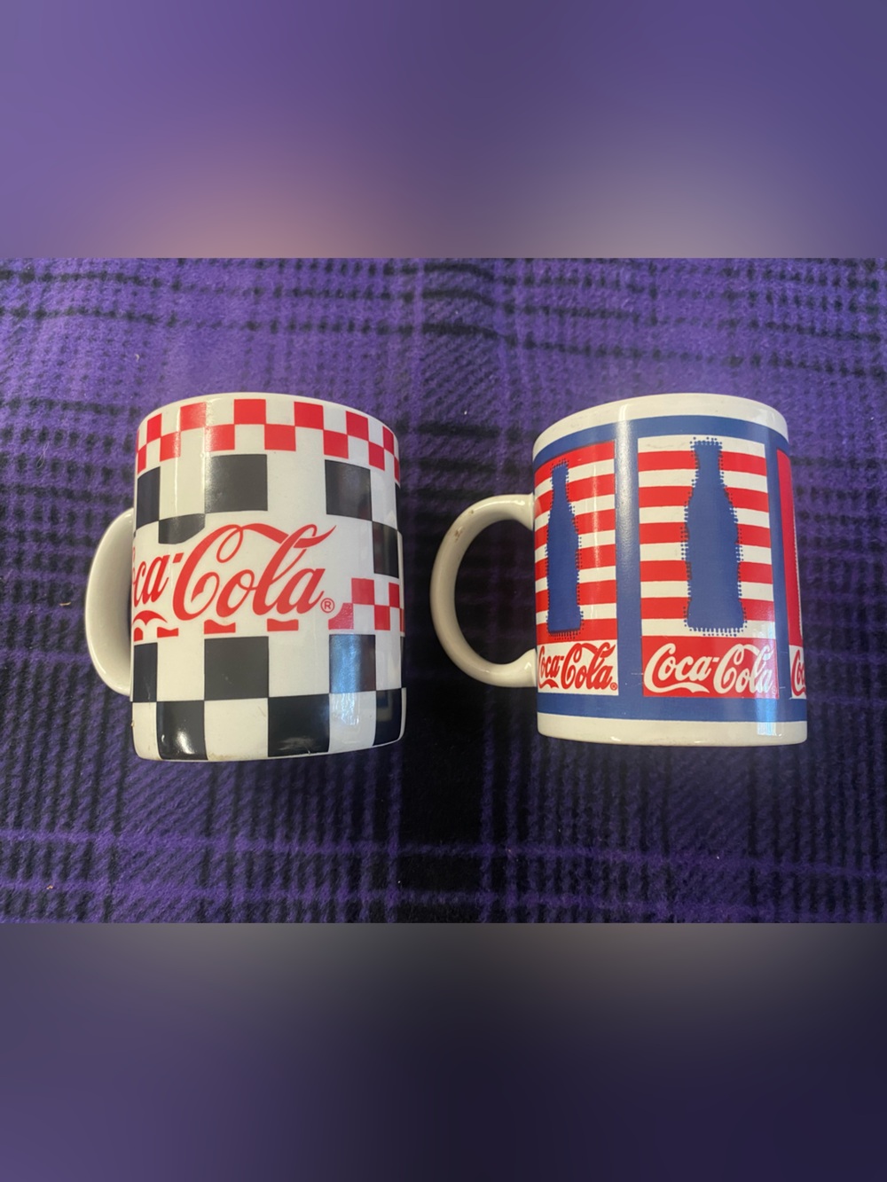 Coca Cola Red, Black & Blue Checkerboard and Americana Mug Pair